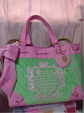 Juicy Couture Pink and Green Quilted Tote with Charm